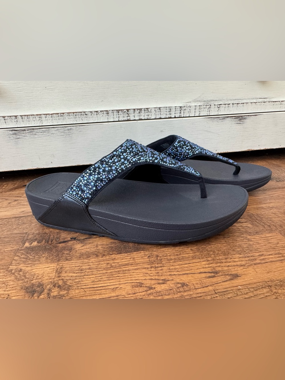 New FItFlop Lulu Crystal Mix Toe Post Sandal Midnight Navy Women's Size 10 - Picture 2 of 10